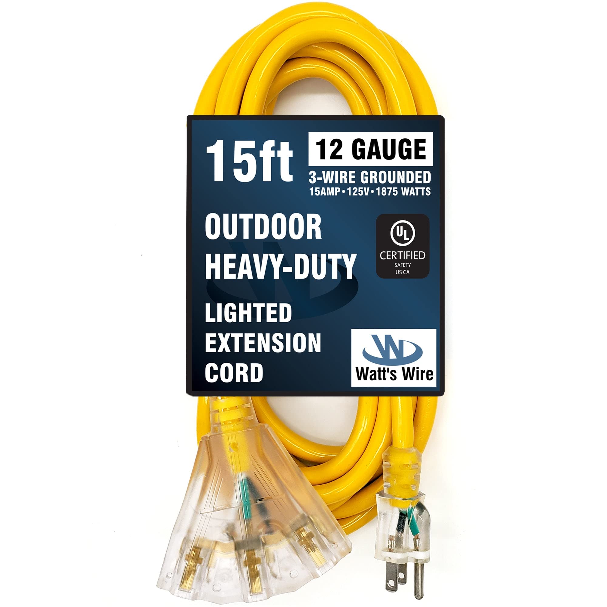 15 ft - 12 Gauge Heavy Duty Outdoor Power Cord Multi Plug w/Lighted Outlet | SJTW Indoor/Outdoor Yellow | AWG 15 Amp Extension Cord - by Watt's Wire 15 Ft Yellow