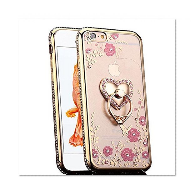 iPhone 6S Plus Case, CaseUp Glitter Crystal Heart Floral Series - Slim Luxury Bling Rhinestone Clear TPU Case With Ring Stand For iPhone 6S/ 6 Plus (5.5 Inch)