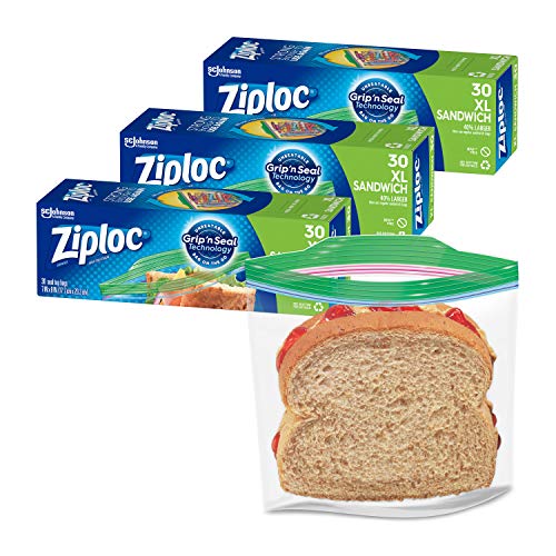 Book Cover Ziploc Sandwich and Snack Bags for On the Go Freshness, Grip 'n Seal Technology for Easier Grip, Open, and Close, 30 Count, Pack of 3 (90 Total Bags)