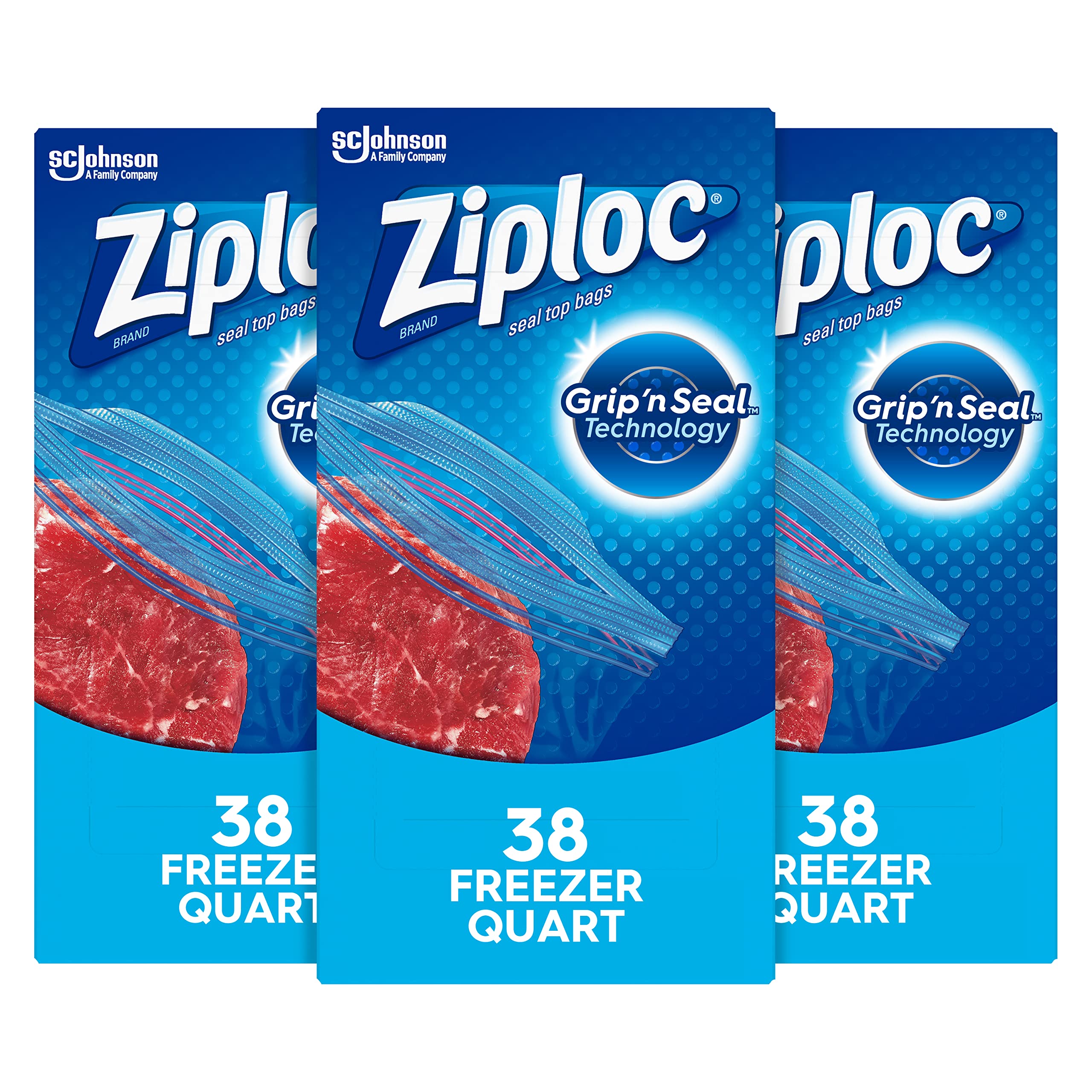 Ziploc Freezer Bags with New Grip 'n Seal Technology, Quart, 38 Count, Pack of 3 (114 Total Bags)