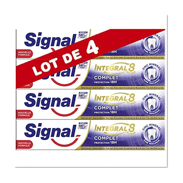 Signal Dentifrice Integral 8, Formule Antibactérienne au Pro-Time Zinc, Protection Caries, Gencives Renforcées, Email Renforcé, Action Blancheur, Haleine Fraîche, Anti-Plaque & Anti-Tartre - Lot de 4
