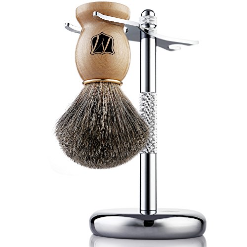 Book Cover Miusco Premium 100% Pure Badger Hair Shaving Brush and Luxury Shaving Stand Set, Chrome Stand, Wooden Brush