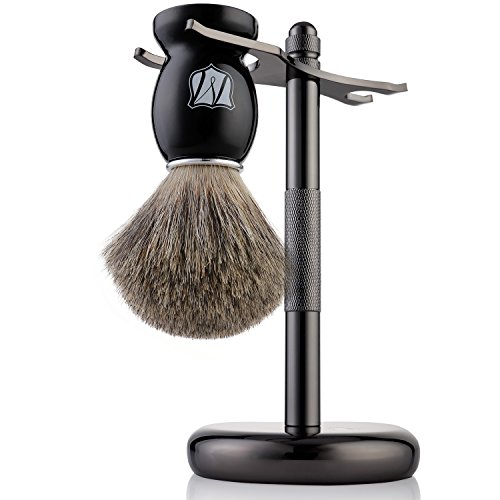 Book Cover Miusco Premium 100% Pure Badger Hair Shaving Brush and Luxury Stand Shaving Set, Dark Chrome Stand, Black Brush