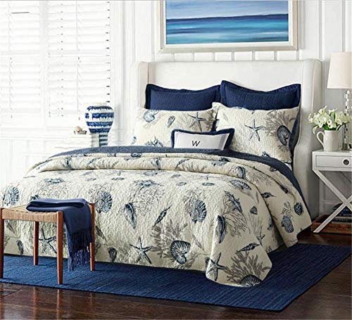 Book Cover Blue Shell Tread Design 3 Piece Comforter Quilt Bedspeads Sets Queen Cotton White&Blue