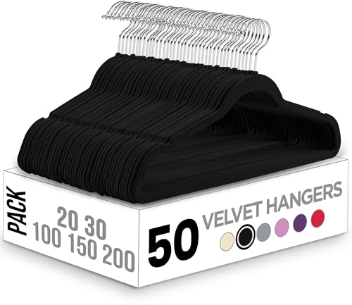Utopia Home Velvet Hangers 50 Pack – Luxury Non-Slip Slim Suit & Coat Hangers, Strong Space-Saving Clothes Hangers with Pants Bar and 360° Swivel Hook – Black