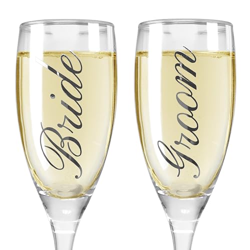 Bride and Groom Champagne Glasses - Set of 2 Elegant Toasting Flutes - Silver Wedding Champagne Glass Set - Wedding Gift - Wedding Glasses by Banberry Designs
