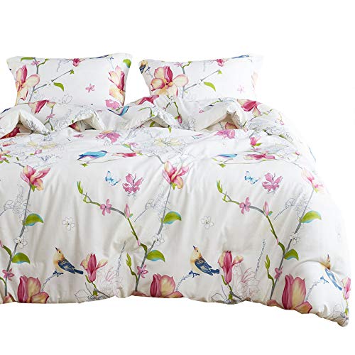Book Cover Wake In Cloud - Floral Duvet Cover Set, 100% Cotton Bedding, Botanical Flowers and Birds Pattern Printed, with Zipper Closure (3pcs, Queen Size)