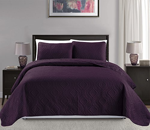Book Cover Mk Collection Diamond Bedspread Bed-Cover Embossed Solid Over Size New (King/California King, Dark Purple)