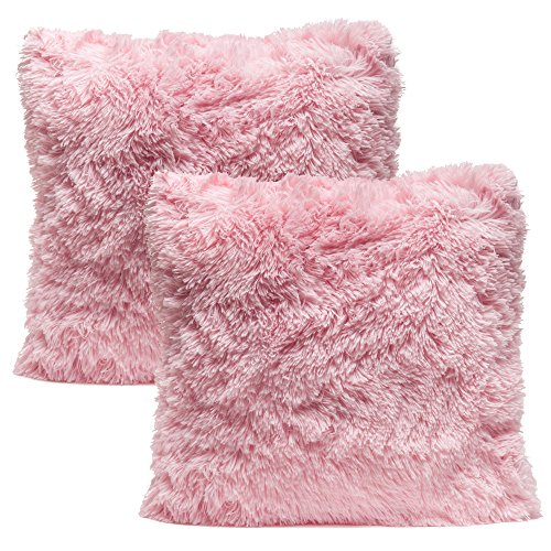 Book Cover Chanasya Super Soft Long Shaggy Chic Fuzzy Fur Faux Fur Warm Elegent Cozy Pink Throw Pillow Cover Pillow Sham - Solid Pink Fur Throw Pillowcase 18x18 Inches 2-Pack(Pillow Insert Not Included)