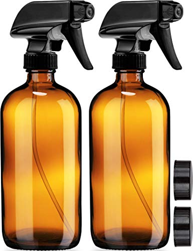 Book Cover Empty Amber Glass Spray Bottles with Labels (2 Pack) - 16oz Refillable Container for Essential Oils, Cleaning Products, or Aromatherapy - Durable Black Trigger Sprayer w/Mist and Stream Settings
