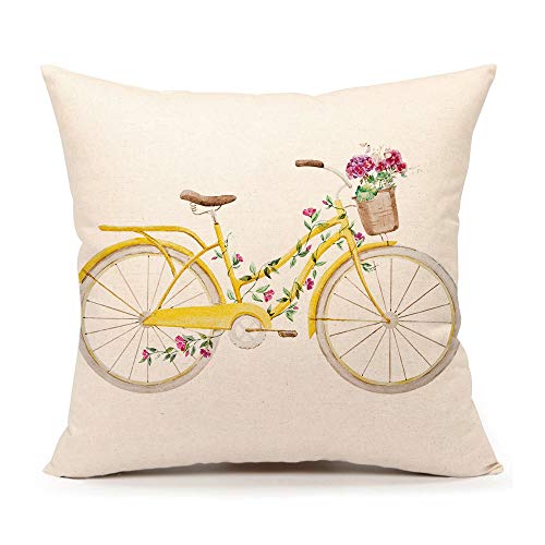 Book Cover Yellow Bicycle Throw Pillow Cover Vintage Home Decorative Cushion Case 18 x 18 Inch Cotton Linen for Sofa (Flower)