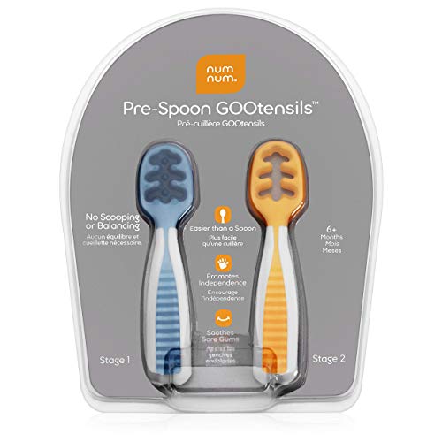 Book Cover Baby Spoon Set (Stage 1 + Stage 2) | BPA Free Silicone Self Feeding Toddler Utensils | Pre-Spoon for Kids Ages 6 to 18 Months, 1-Pack, Two Spoons, Blue/Orange | NumNum GOOtensils