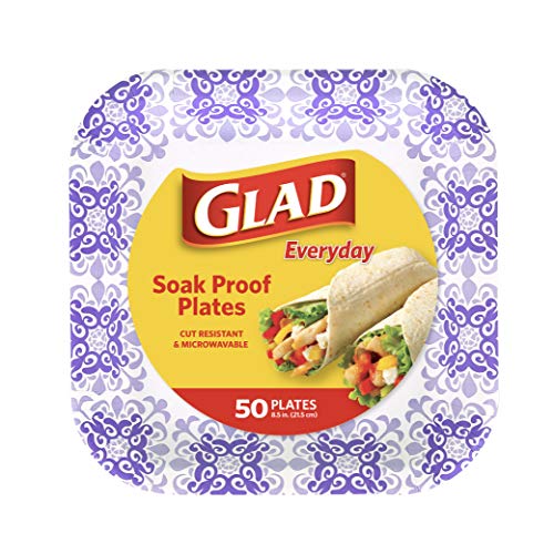 Book Cover Glad Square Disposable Paper Plates for All Occasions | Soak Proof, Cut Proof, Microwaveable Heavy Duty Disposable Plates | 8.5