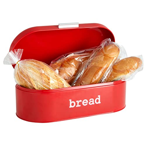 Large Red Metal Bread Box for Kitchen Countertop Storage, Retro Bread Bin (17.3 x 8.3 x 6.5 in)