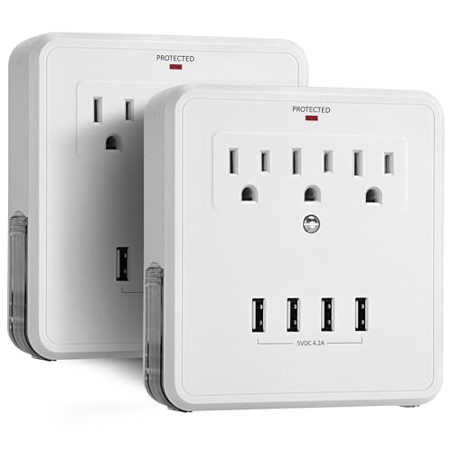 USB Wall Outlet Surge Protector, 4 USB Charging Ports (5V/4.2A) and 3 AC Outlets, 15A/125V/1875W, 2 Slide-Out Phone Holders, White