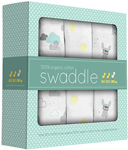 Organic Muslin Swaddle Blanket, 3 Count, French Bulldog, Clouds, Polka Dot, 100% Organic Cotton