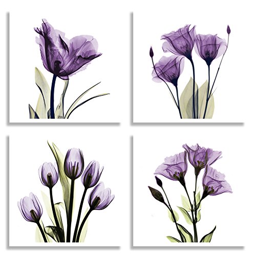 Book Cover HLJ ART 4 Panel Elegant Tulip Purple Flower Canvas Print Wall Art Painting for Living Room Decor and Modern Home Decorations Photo Prints 12x12inch (Purple S)