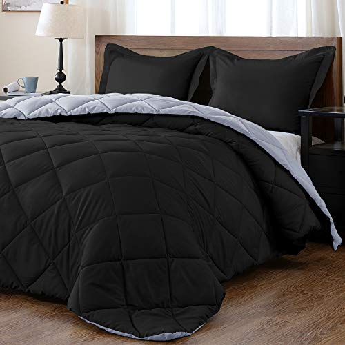 downluxe Lightweight Solid Comforter Set (Twin) with 1 Pillow Sham - 2-Piece Set - Black and Grey - Down Alternative Reversible Comforter