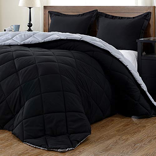 Book Cover downluxe Lightweight Solid Comforter Set (Queen) with 2 Pillow Shams - 3-Piece Set - Black and Grey - Down Alternative Reversible Comforter