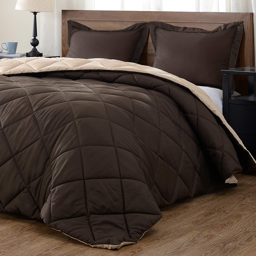 Book Cover downluxe Lightweight Solid Comforter Set (Twin) with 1 Pillow Sham - 2-Piece Set - Brown and Tan - Down Alternative Reversible Comforter