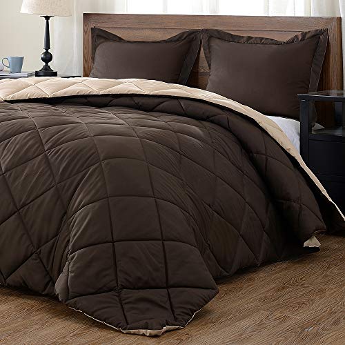 Book Cover downluxe Lightweight Solid Comforter Set (Queen) with 2 Pillow Shams - 3-Piece Set - Brown and Tan - Down Alternative Reversible Comforter