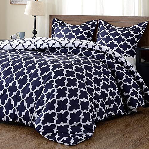 downluxe Lightweight Printed Comforter Set (Queen,Navy) with 2 Pillow Sham - 3-Piece Set - Down Alternative Reversible Comforter