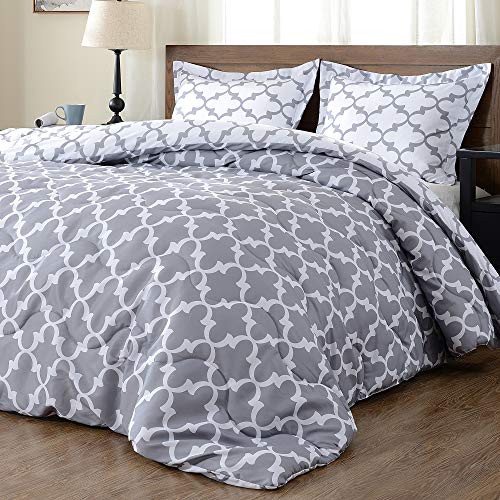 Book Cover Millihome Back to school Lightweight Printed Luxurious Soft Brushed Microfiber Down Alternative Reversible 3-piece Comforter Set with 2 Reversible Pillow Shams, Grey, King