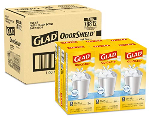 Book Cover Glad Small Trash Bags - OdorShield 4 Gallon White Trash Bag, Gain Fresh Scent with Febreze - 26 Count - Pack of 6 (Package May Vary) (78812)