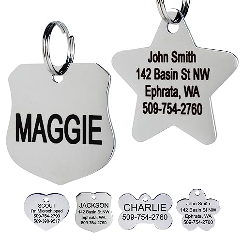GoTags Stainless Steel Pet ID Tags, Personalized Dog Tags and Cat Tags, up to 8 Lines of Custom Text, Engraved on Both Sides, in Bone, Round, Heart, Bow Tie and More