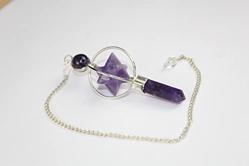 Jet Amethyst Star Spinning Merkaba Pendulum Sacred Geometry Platonic Solid Healing Genuine Gemstone Crystal Point Metaphysical Spiritual Chakra Balancing Divine Gift Love Pagan Blessings Luck w/Pouch