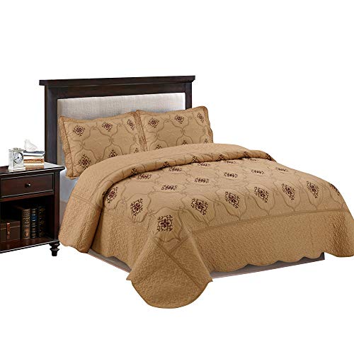 MarCielo 3-Piece Embroidery Quilt Set Bedspread Bed Coverlets Cover Set, Emma Gold( Oversize, Gold)