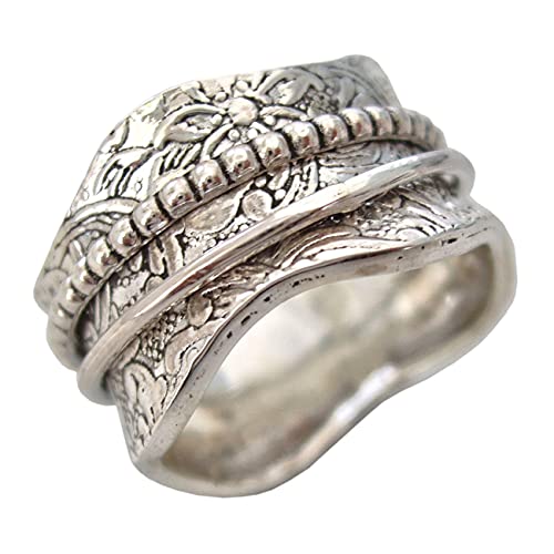 ENERGY STONE 925 Sterling Silver Artisan Etched Floral Meditation Spinner Ring (Style US17)