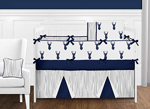 Sweet Jojo Designs 9-Piece Navy Blue White and Gray Woodland Deer Print Crib Baby Bedding Set with Bumper for a Newborn Boy