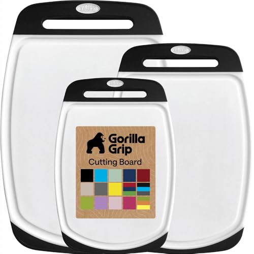 Gorilla Grip Original Oversized Cutting Board, 3 Piece, BPA Free, Dishwasher Safe, Juice Grooves, Larger Thicker Boards, Easy Grip Handle, Non Porous, Extra Large, Kitchen, Set of 3, Black