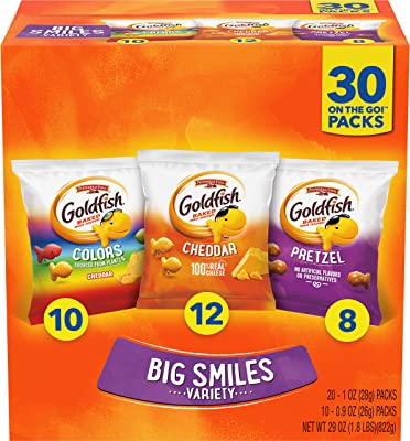 Book Cover Pepperidge Farm Goldfish Crackers Big Smiles with Cheddar, Colors, and Pretzel Crackers, Snack Packs, 30 Count Variety Pack Box