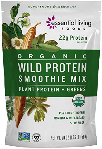 Essential Living Foods Organic Wild Protein Smoothie Mix, With Super Greens, Moringa, Spirulina, Wheatgrass, Mesquite, Lucuma, Vegan, Non-GMO, Gluten Free, Kosher, 20 Ounce Resealable Bag