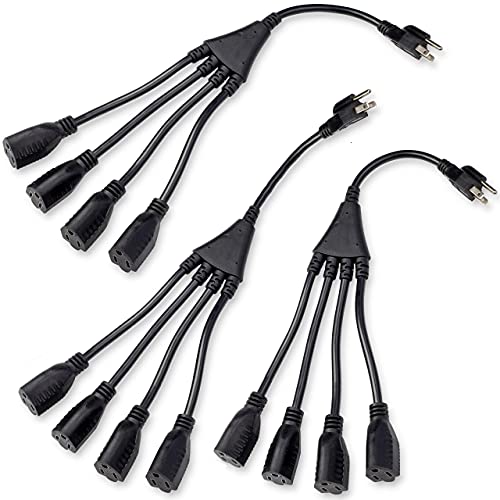 Jogteg 4 in 1 Power Cord, 16 AWG Heavy Duty Power Supply Extension Cable, Multi Outlet Extension Cord, 3 Prong Y Splitter Short Extension Word with Multiple Outlets, 18 Inches, Black, Pack of 3