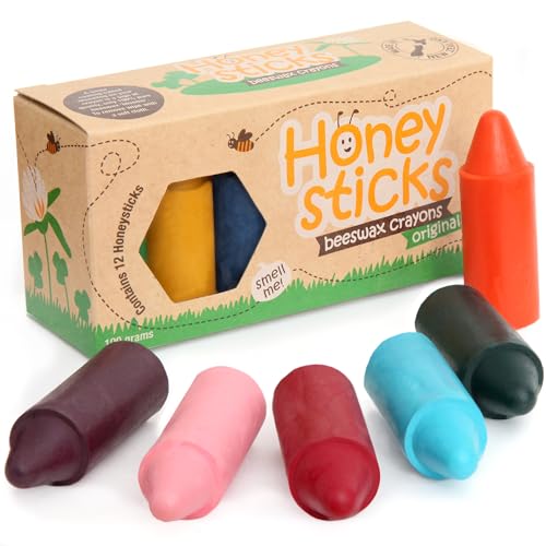 Boîte de 12 Gros Crayons Honeysticks 100% en Pure Cire d’Abeille naturels et Non Toxiques, idéals pour Les Tout Petits (1 an et Plus) comme Les Plus Grands, Faits Main en Nouvelle-Zélande