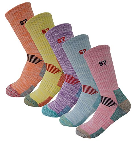 SEOULSTORY7 5Pack Women's Multi Performance Padded Hiking/Outdoor Crew Socks Medium 5Color Orange/Yellow/Purple/Sky Blue/Pink
