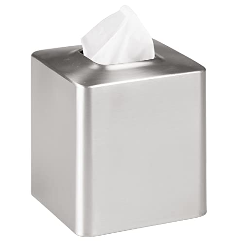 mDesign Square Paper Facial Tissue Box Cover Holder for Bathroom Vanity Countertops, Bedroom Dressers, Night Stands, Desks and Tables - Metal - Brushed