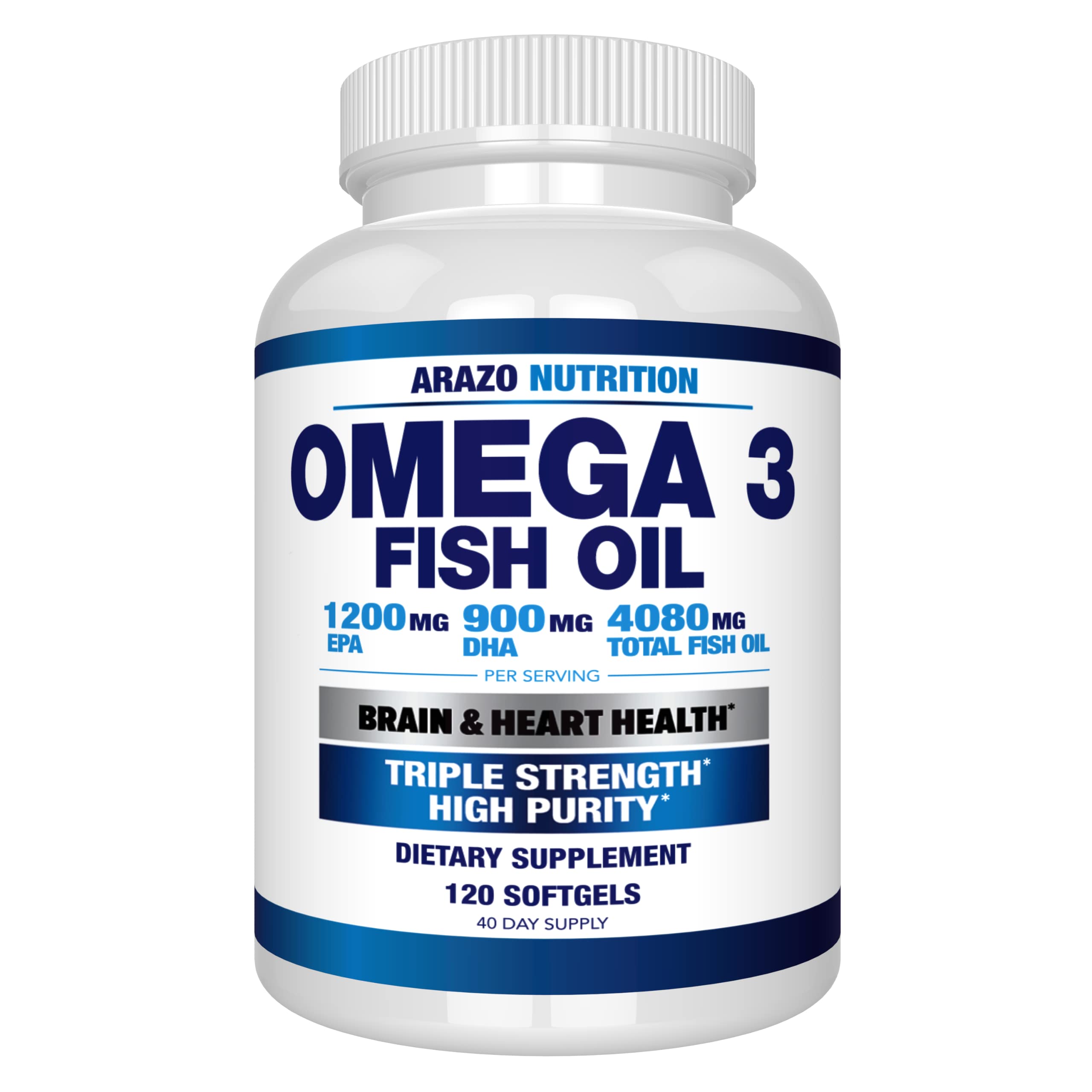 Book Cover Arazo Nutrition Omega 3 Fish Oil 4,080mg - High EPA 1200mg + DHA 900mg Triple Strength Burpless Softgels (120 Soft Gels) 40.0 Servings (Pack of 1)