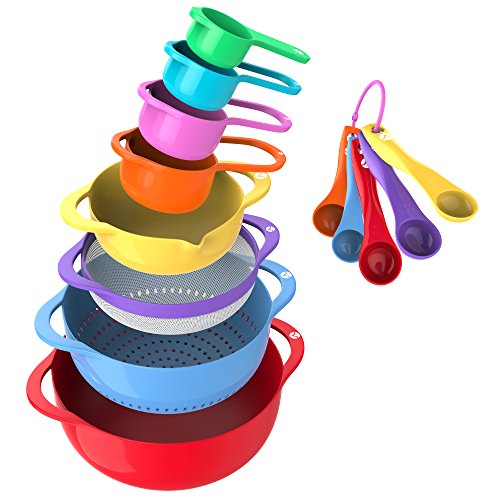 Vremi 13 Piece Mixing Bowl Set - Colorful Kitchen Bowls Colander Mesh Strainer with Handles Measuring Cups and Spoons - BPA Free Plastic Nesting Bowls with Easy Pour Spout for Baking Cooking and More
