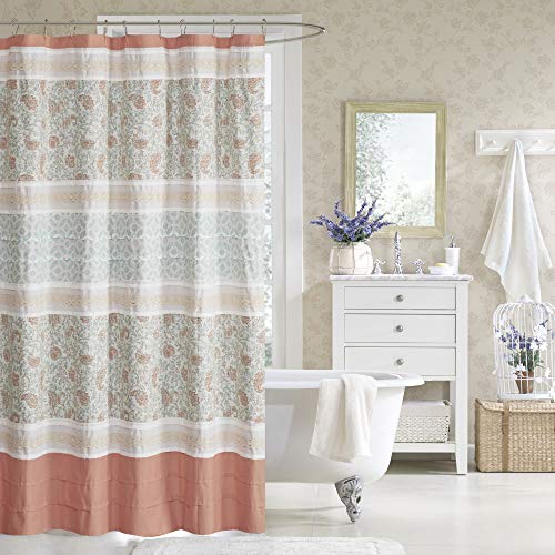 Madison Park Dawn Cotton Fabric Shower Curtain Pintucked, Paisley Design Machine Washable Shabby Chic Modern Home Bathroom DÃ©cor Bathtub Privacy Screen, 72 in x 72 in, Coral