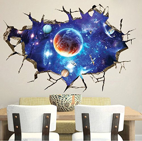 Book Cover CHANS 3D Wall Stickers,Cracked Wall Effect Planet World Outer Space Vinyl Wall Art Stickers,DIY Mural Wall Decals