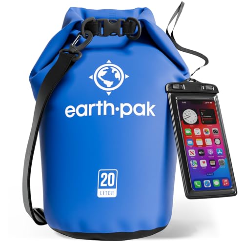 Earth Pak -Waterproof Dry Bag - Roll Top Dry Sack Keeps Gear Dry for Boating, Hiking, Camping and Fishing with Waterproof Phone Case (Blue, 20L)