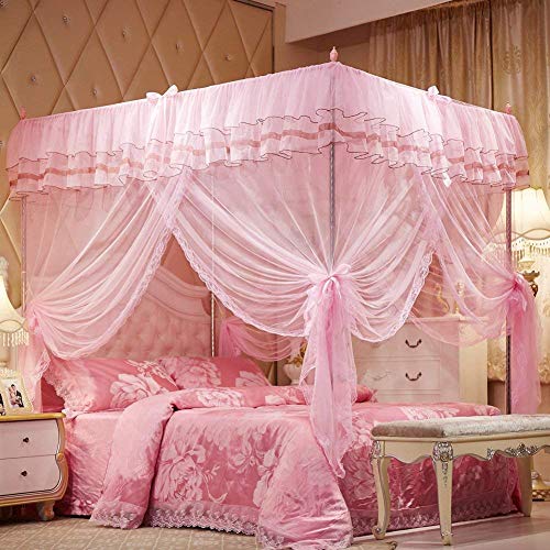 Book Cover UOZZI BEDDING 4 Corners Post Pink Canopy Bed Curtain for Girls & Adults - Cute Cozy Drape Square Netting for Twin Bed - 4 Opening 45