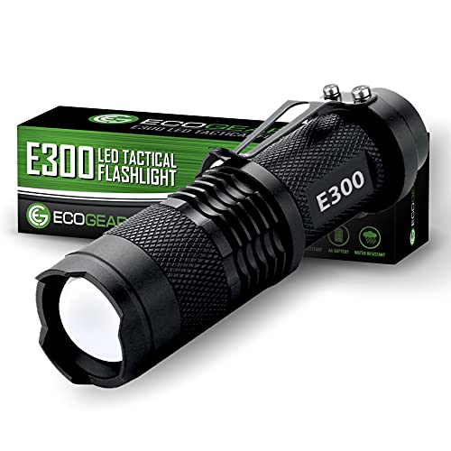 Bright Mini LED Tactical Flashlight - EcoGear FX E300-3 Light Modes, 300 Lumen Max Output, Adjustable Zoom Focus - Water Resistant for Outdoors with a Small Design - A Perfect Gift for Men