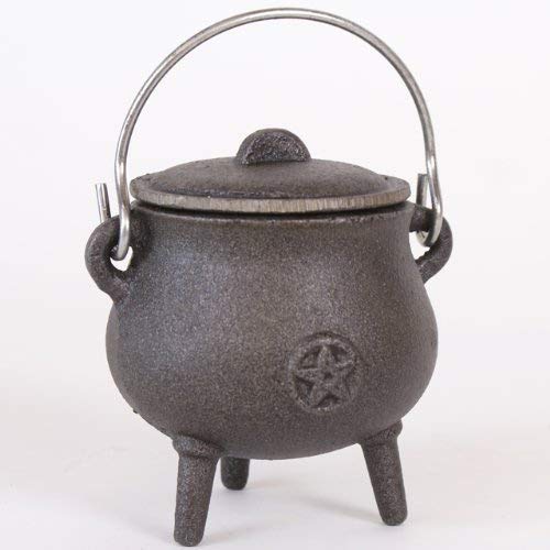Attractive Small Cast Iron Cauldron With Pentagram Design Plus Lid and Handle. Approx 11cm Tall- Not Including Handle by THE FLYING WITCH