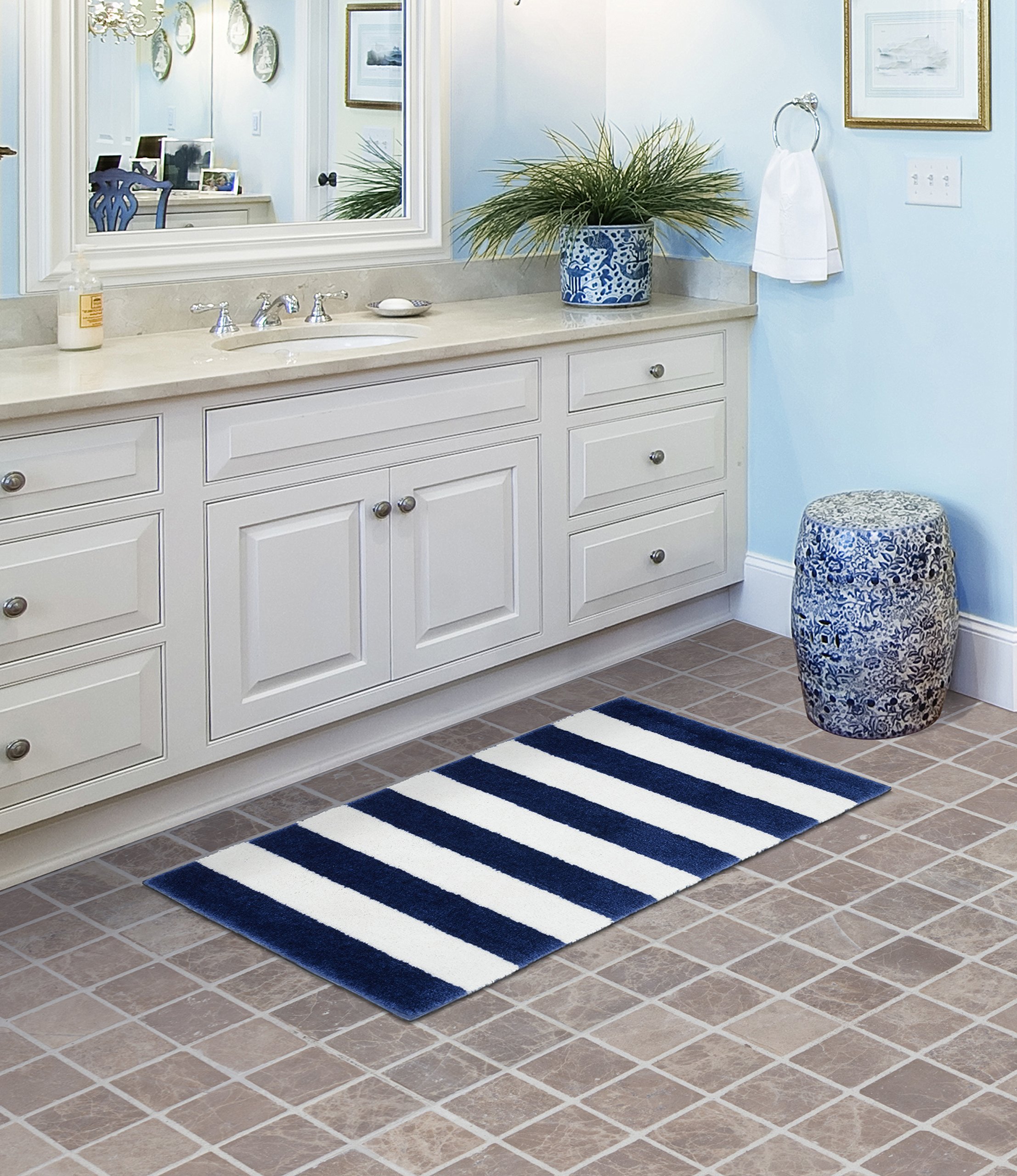 Garland Rug Beach Stripe Washable Bath Rug, 21 in. x 34 in., Indigo Blue/White 21 in x 34 in Indigo Blue/White