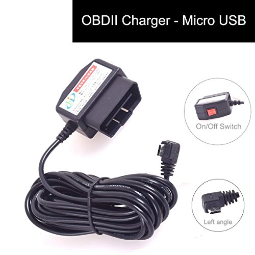 Car OBD2 Dash Camera DVR Charging Cable Micro USB Power Adapter with Switch Button - 16Pin OBD2 Connector Direct Charger for Gps Camcorder Tablet E-dog Phone(HTC Samsung Blackberry) - 11.5FT 12-24V